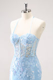 Blue Spaghetti Straps Corset Tight Cocktail Dress Dress with Sequins