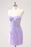 Blue Spaghetti Straps Corset Tight Cocktail Dress Dress with Sequins