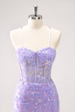 Blue Spaghetti Straps Corset Tight Cocktail Dress Dress with Sequins