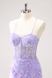 Blue Spaghetti Straps Corset Tight Cocktail Dress Dress with Sequins