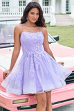 Glitter Lilac A Line Short Lace Up Back Cocktail Dress with Appliques