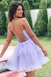 Glitter Lilac A Line Short Lace Up Back Cocktail Dress with Appliques