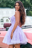 Glitter Lilac A Line Short Lace Up Back Cocktail Dress with Appliques