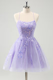 Glitter Lilac A Line Short Lace Up Back Cocktail Dress with Appliques