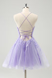 Glitter Lilac A Line Short Lace Up Back Cocktail Dress with Appliques