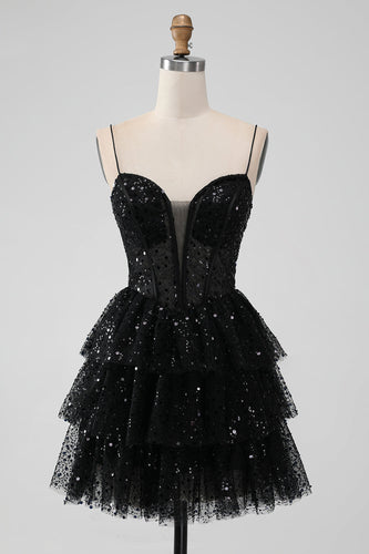 Sparkly Black Spaghetti Straps Tiered Cocktail Dress with Sequins