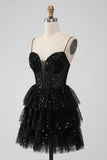 Sparkly Black Spaghetti Straps Tiered Cocktail Dress with Sequins