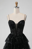 Sparkly Black Spaghetti Straps Tiered Cocktail Dress with Sequins