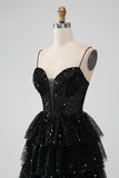 Sparkly Black Spaghetti Straps Tiered Cocktail Dress with Sequins