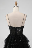 Sparkly Black Spaghetti Straps Tiered Cocktail Dress with Sequins