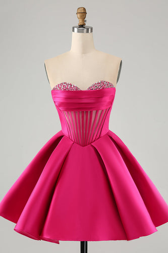 Cute Fuchsia A Line Sweetheart Corset Cocktail Dress with Beading