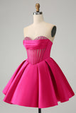 Cute Fuchsia A Line Sweetheart Corset Cocktail Dress with Beading