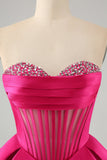 Cute Fuchsia A Line Sweetheart Corset Cocktail Dress with Beading