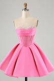 Cute A Line Sweetheart Corset Fuchsia Cocktail Dress with Beading