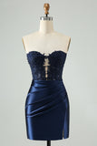 Sparkly Royal Blue Bodycon Strapless Hollow Out Cocktail Dress with Lace