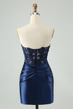 Sparkly Royal Blue Bodycon Strapless Hollow Out Cocktail Dress with Lace