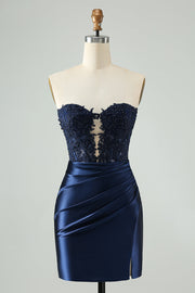 Sparkly Navy Bodycon Strapless Hollow Out Cocktail Dress with Lace