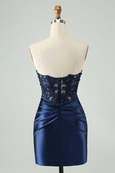 Sparkly Navy Bodycon Strapless Hollow Out Cocktail Dress with Lace