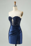 Sparkly Navy Bodycon Strapless Hollow Out Cocktail Dress with Lace