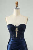 Sparkly Navy Bodycon Strapless Hollow Out Cocktail Dress with Lace