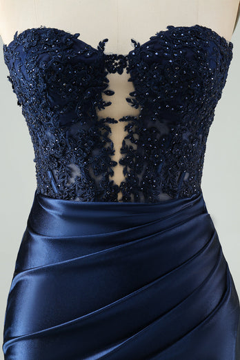Sparkly Navy Bodycon Strapless Hollow Out Cocktail Dress with Lace