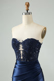 Sparkly Navy Bodycon Strapless Hollow Out Cocktail Dress with Lace