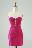 Sparkly Purple Bodycon Strapless Hollow Out Cocktail Dress with Lace