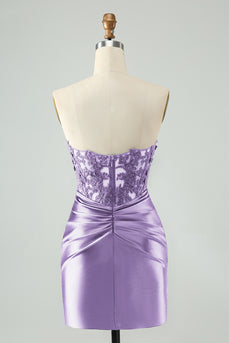 Sparkly Purple Bodycon Strapless Hollow Out Cocktail Dress with Lace
