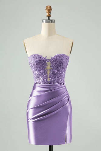 Sparkly Purple Bodycon Strapless Hollow Out Cocktail Dress with Lace