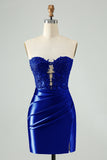 Sparkly Royal Blue Bodycon Strapless Hollow Out Cocktail Dress with Lace