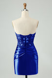 Sparkly Royal Blue Bodycon Strapless Hollow Out Cocktail Dress with Lace