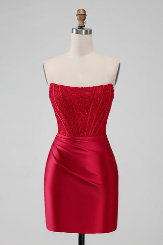 Sparky Red Strapless Bodycon Short Cocktail Dress with Lace