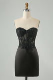 Sparkly Black Bodycon Sweetheart Corset Cocktail Dress with Appliques