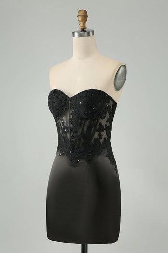 Sparkly Black Bodycon Sweetheart Corset Cocktail Dress with Appliques