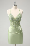 Sparkly Green Spaghetti Straps Beaded Corset Cocktail Dress with Appliques