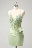 Sparkly Green Spaghetti Straps Beaded Corset Cocktail Dress with Appliques