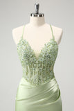 Sparkly Green Spaghetti Straps Beaded Corset Cocktail Dress with Appliques