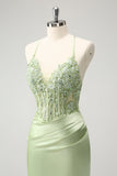 Sparkly Green Spaghetti Straps Beaded Corset Cocktail Dress with Appliques