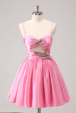 Pink A-Line Spaghetti Straps Pleated Cocktail Dress with Keyhole