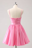 Pink A-Line Spaghetti Straps Pleated Cocktail Dress with Keyhole