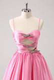 Pink A-Line Spaghetti Straps Pleated Cocktail Dress with Keyhole