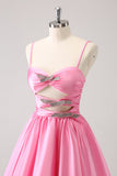 Pink A-Line Spaghetti Straps Pleated Cocktail Dress with Keyhole