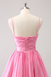 Pink A-Line Spaghetti Straps Pleated Cocktail Dress with Keyhole