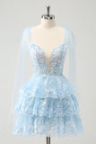 Glitter Blue A Line Embroidery Tiered Cocktail Dress with Appliques