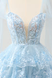 Glitter Blue A Line Embroidery Tiered Cocktail Dress with Appliques