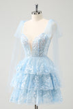 Glitter Blue A Line Embroidery Tiered Cocktail Dress with Appliques