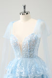 Glitter Blue A Line Embroidery Tiered Cocktail Dress with Appliques