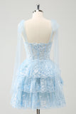 Glitter Blue A Line Embroidery Tiered Cocktail Dress with Appliques