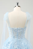 Glitter Blue A Line Embroidery Tiered Cocktail Dress with Appliques