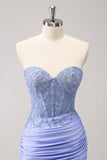 Lilac Strapless Tight Corset Cocktail Dress with Appliques